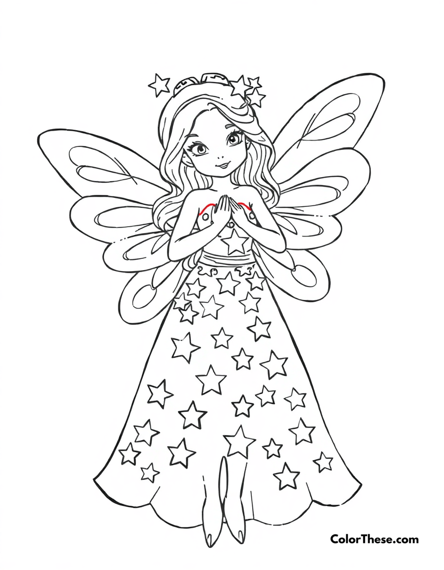 Free printable fairy with a starry dress coloring page for kids and adults - A a fairy wearing a dress adorned with stars.