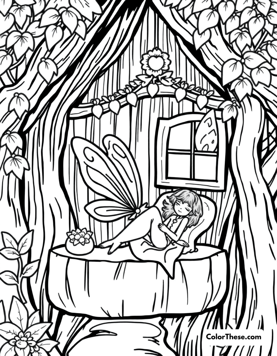 Free printable fairy in a treehouse coloring page for kids and adults - A a fairy relaxing in her cozy treehouse.