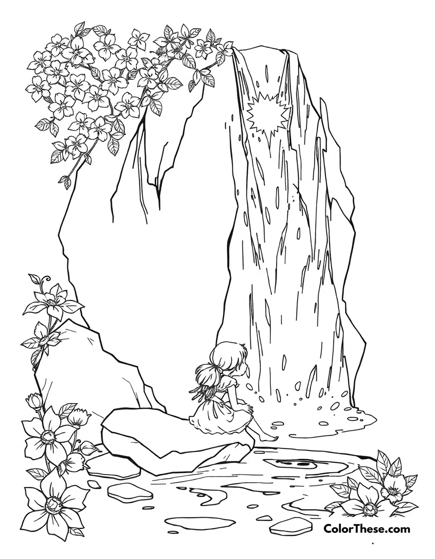 Free printable fairy by the waterfall coloring page for kids and adults - A a fairy sitting by a sparkling waterfall.