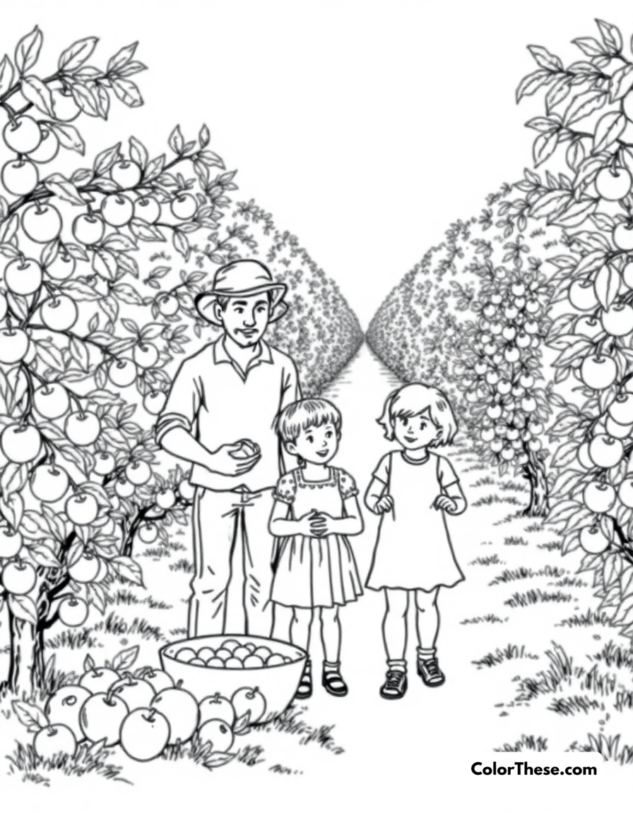 Free printable apple picking day coloring page for kids and adults - A a family picking apples in an orchard.