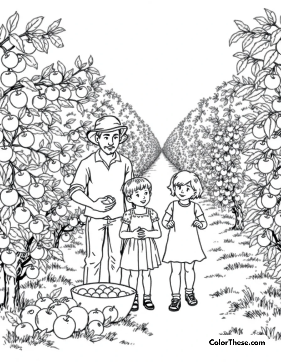 Free printable apple picking day coloring page. A family picking apples in an orchard.