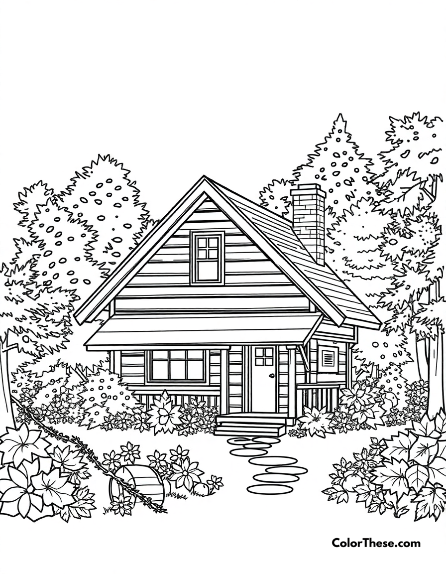 Free printable cozy fall cabin coloring page for kids and adults - A a cozy cabin surrounded by fall foliage.