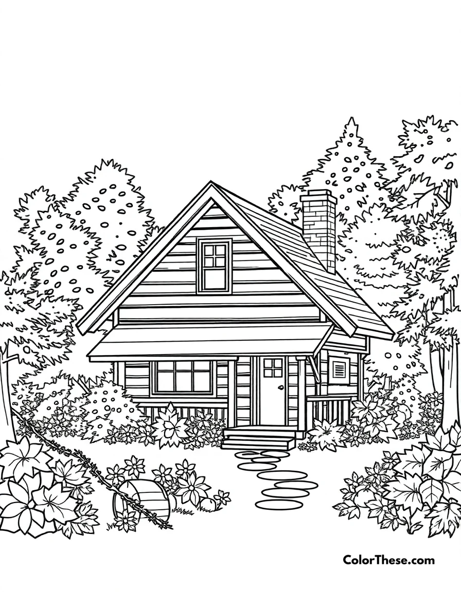 Free printable cozy fall cabin coloring page. A cozy cabin surrounded by fall foliage.