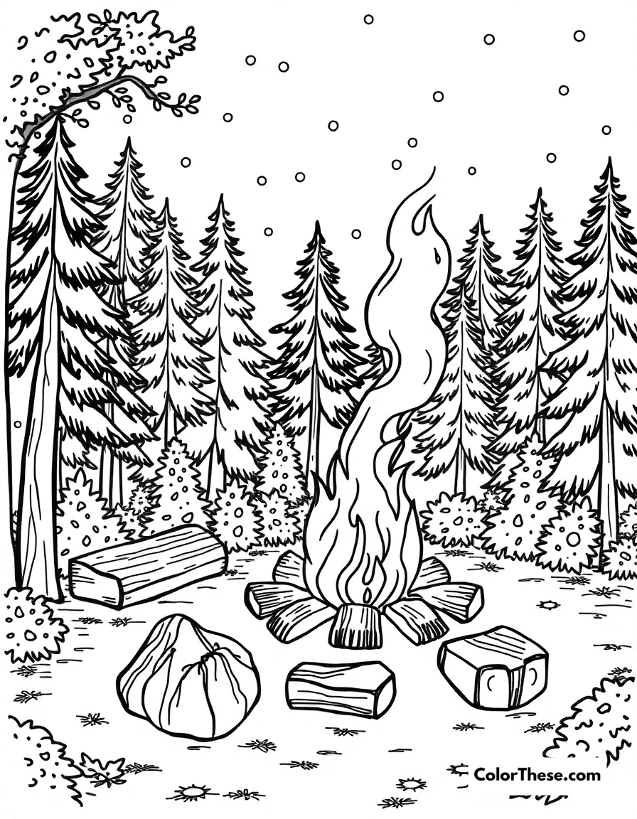 Free printable fall campfire coloring page for kids and adults - A a cozy campfire surrounded by fall trees.