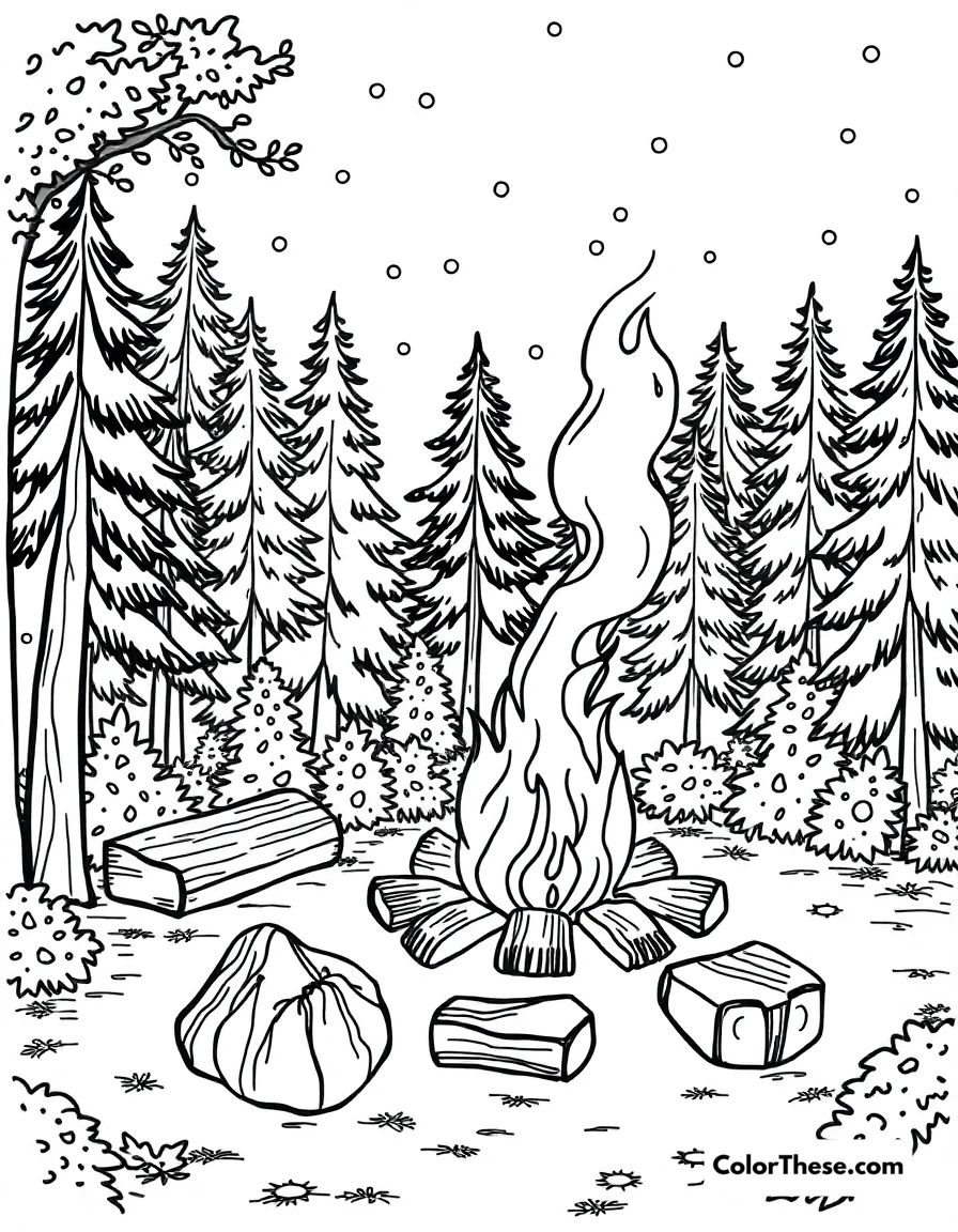 Free printable fall campfire coloring page. A cozy campfire surrounded by fall trees.