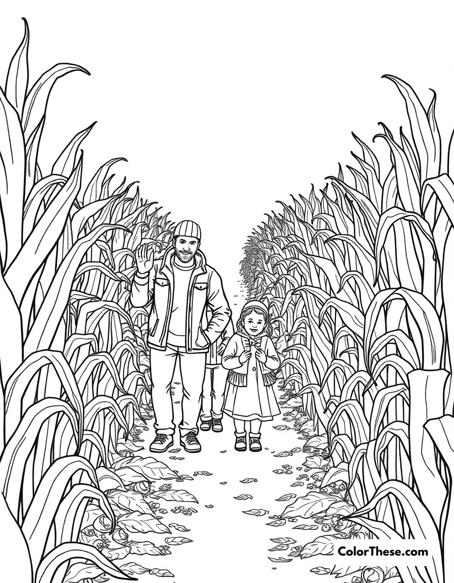 Free printable fall corn maze coloring page for kids and adults - A a family navigating a corn maze in the fall.