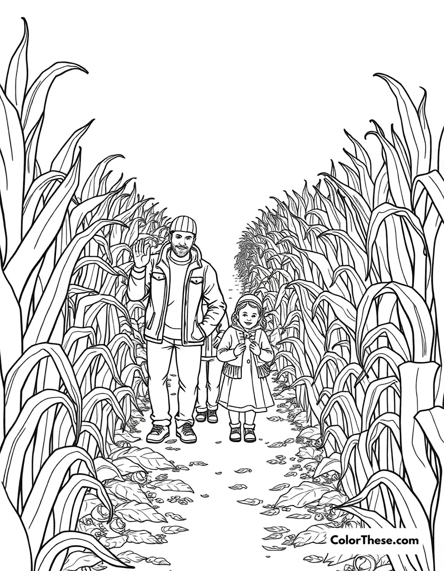 Free printable fall corn maze coloring page. A family navigating a corn maze in the fall.