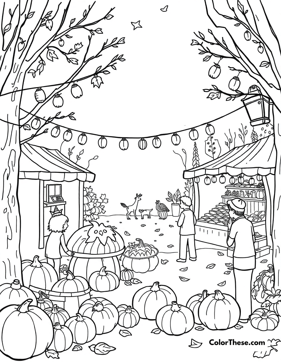 Free printable fall festival coloring page for kids and adults - A a lively fall festival with games and decorations.