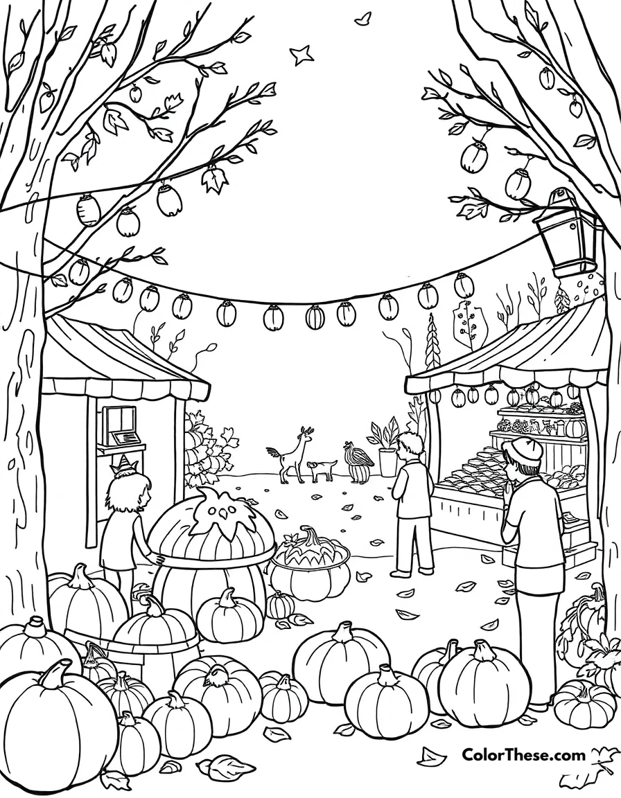 Free printable fall festival coloring page. A lively fall festival with games and decorations.