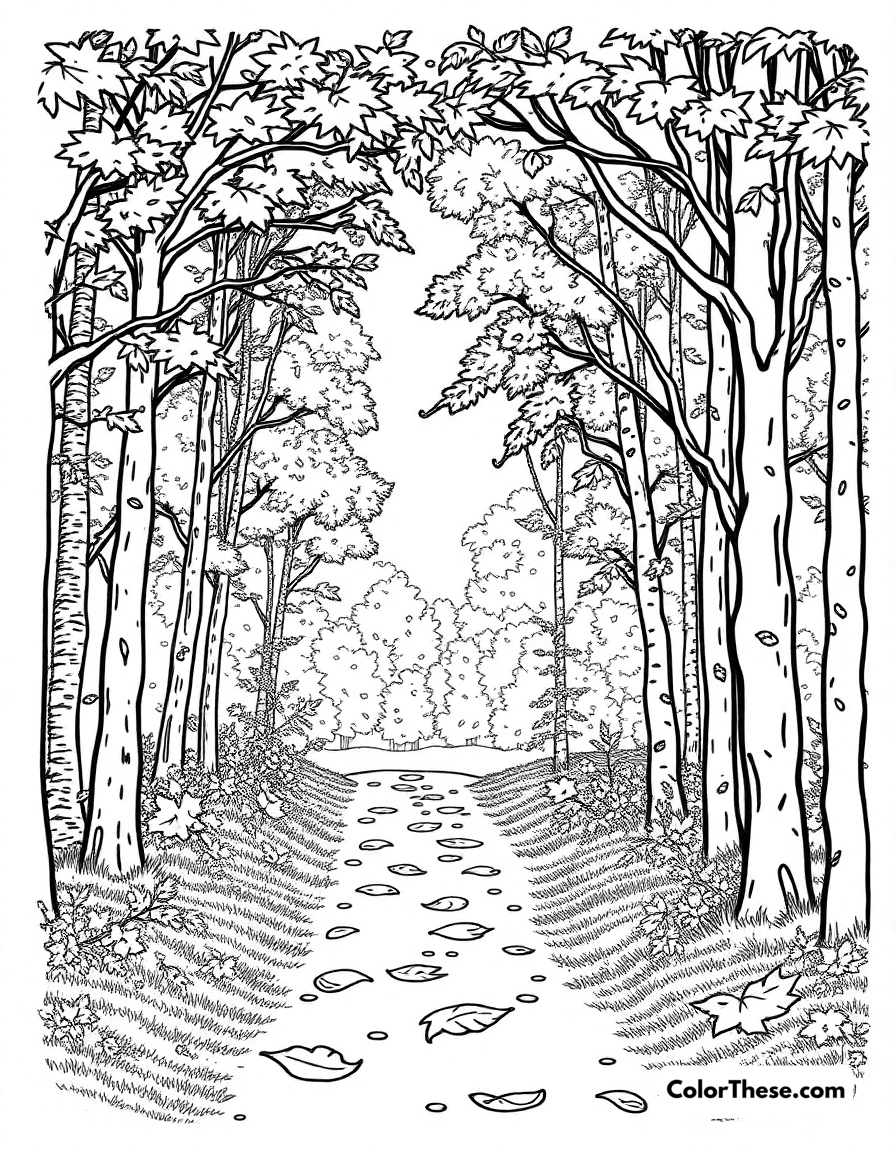 Free printable fall forest walk coloring page for kids and adults - A a peaceful walk through a forest filled with fall colors.