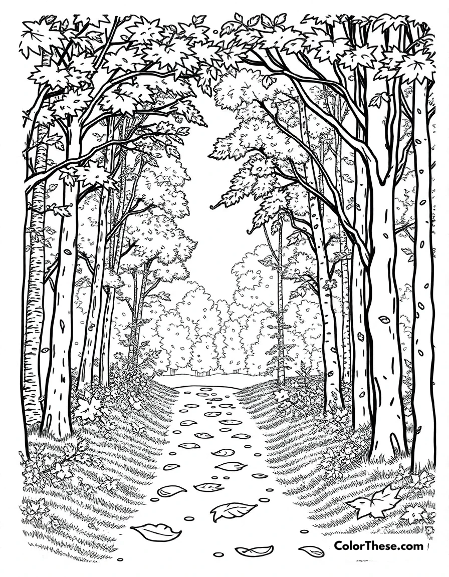 Free printable fall forest walk coloring page. A peaceful walk through a forest filled with fall colors.