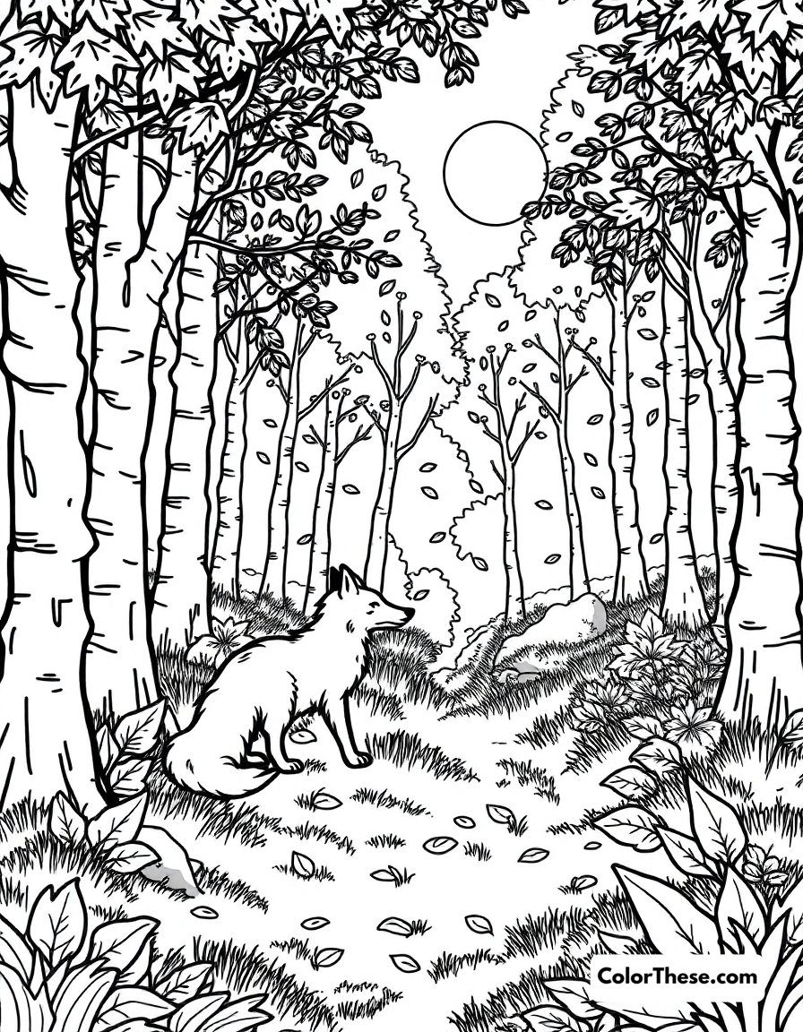 Free printable fall fox in the forest coloring page for kids and adults - A a fox exploring a fall forest.