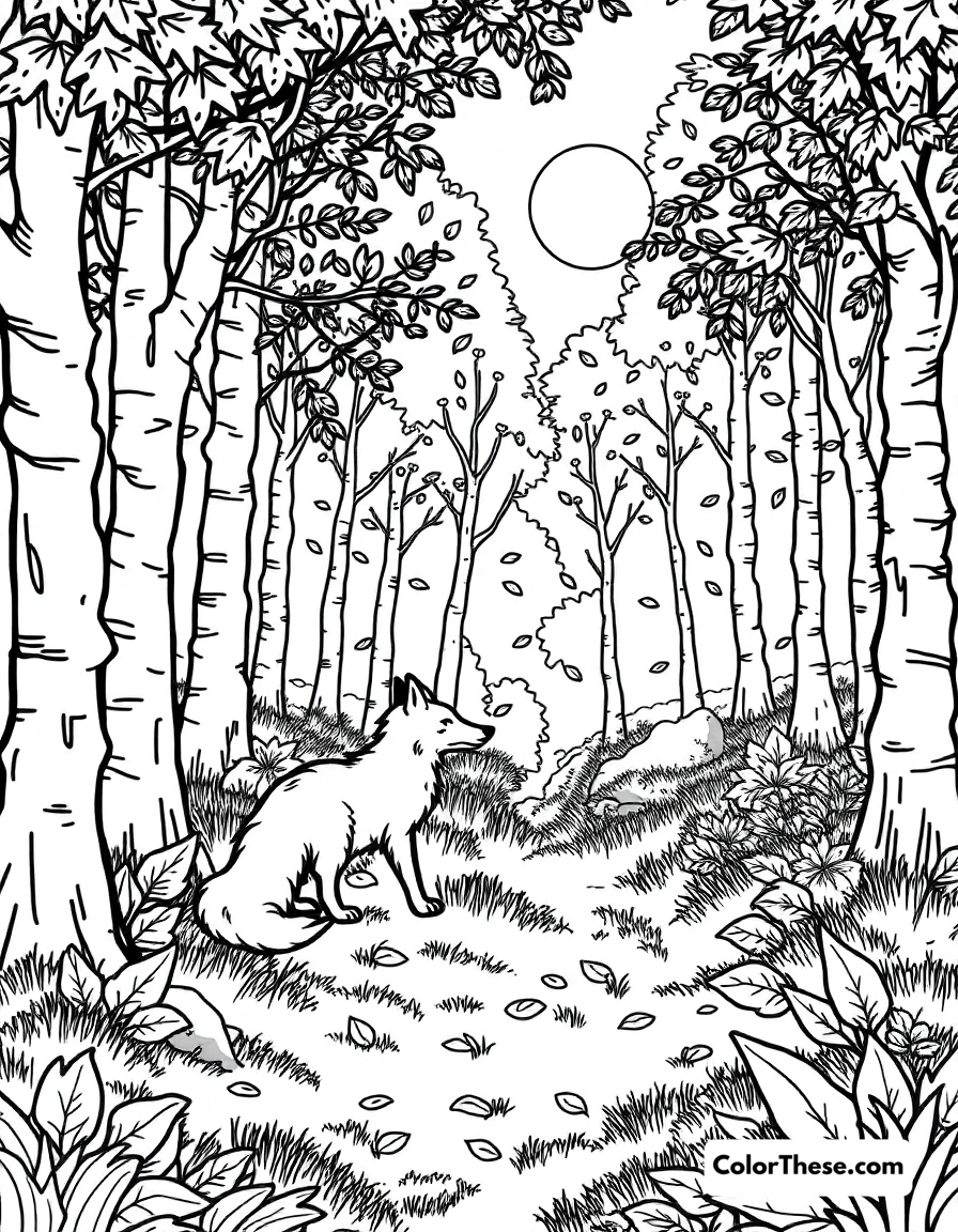 Free printable fall fox in the forest coloring page. A fox exploring a fall forest.