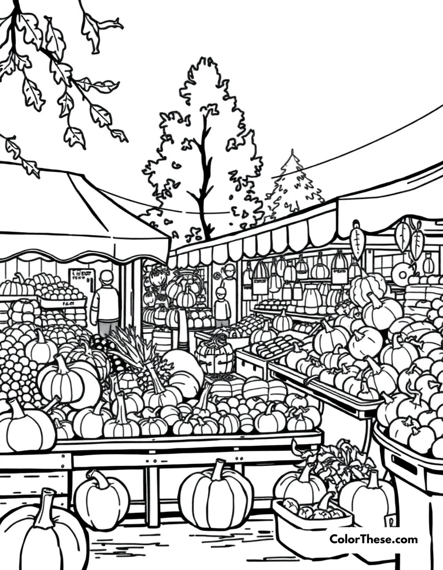 Free printable fall harvest market coloring page for kids and adults - A a bustling market filled with fall produce.