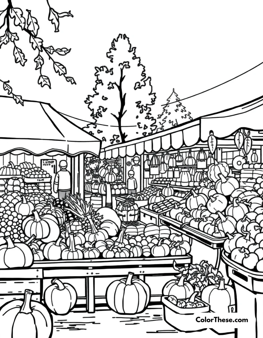 Free printable fall harvest market coloring page. A bustling market filled with fall produce.