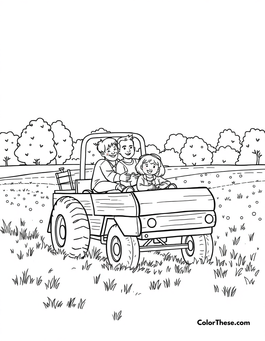 Free printable fall hayride coloring page for kids and adults - A a family enjoying a hayride through a fall field.