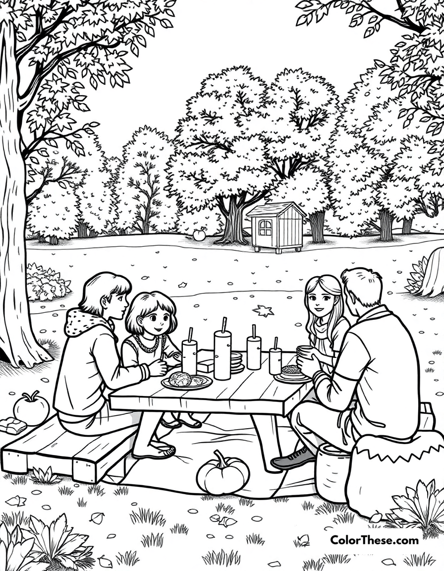 Free printable fall picnic coloring page for kids and adults - A a family enjoying a picnic in a fall park.