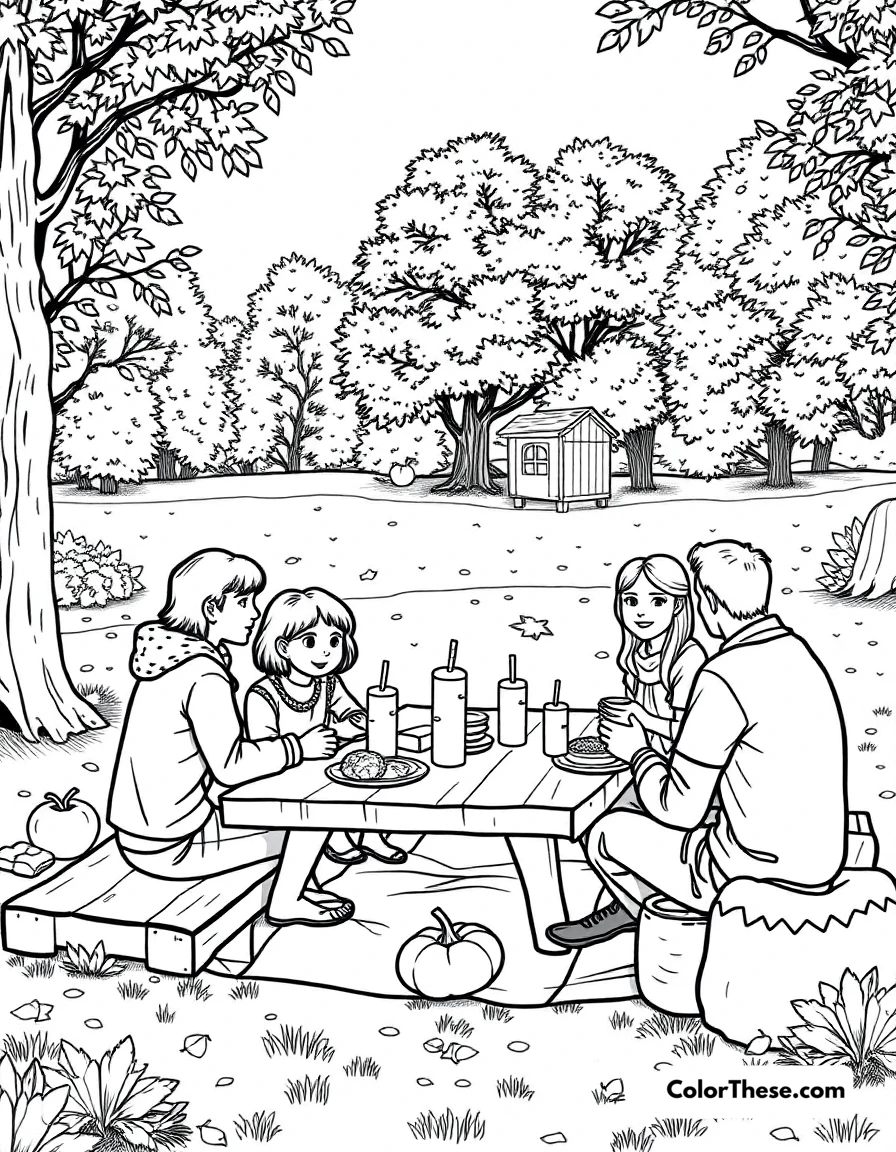 Free printable fall picnic coloring page. A family enjoying a picnic in a fall park.