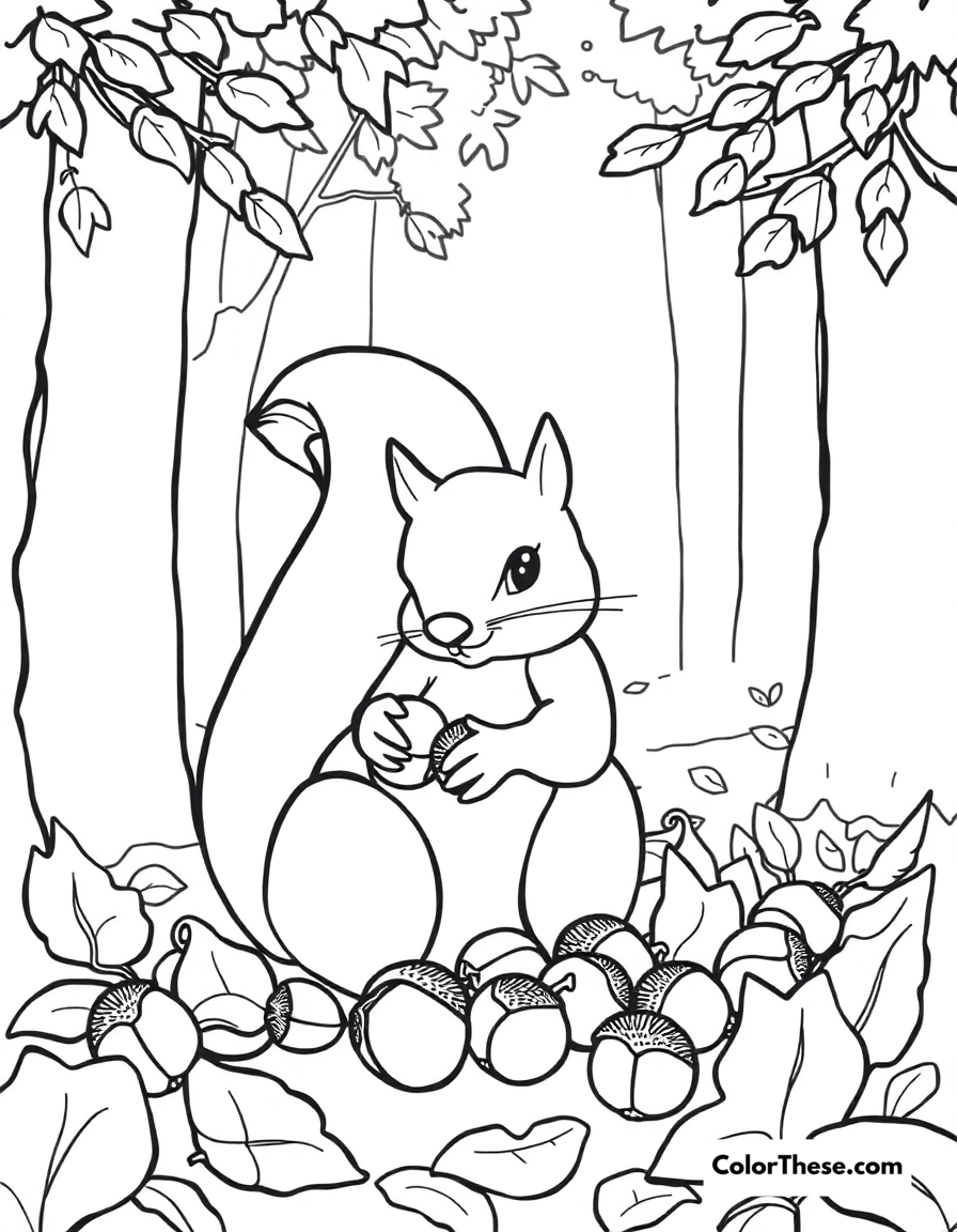 Free printable fall squirrel gathering coloring page for kids and adults - A a squirrel gathering acorns in a fall forest.