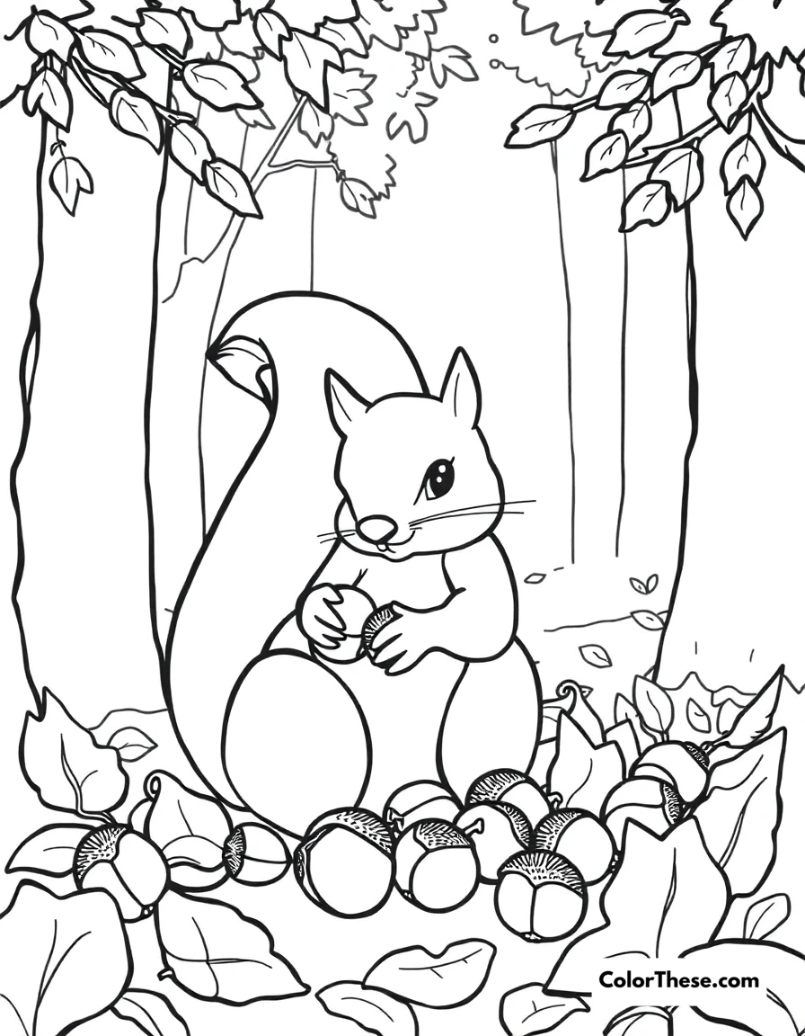 Free printable fall squirrel gathering coloring page. A squirrel gathering acorns in a fall forest.