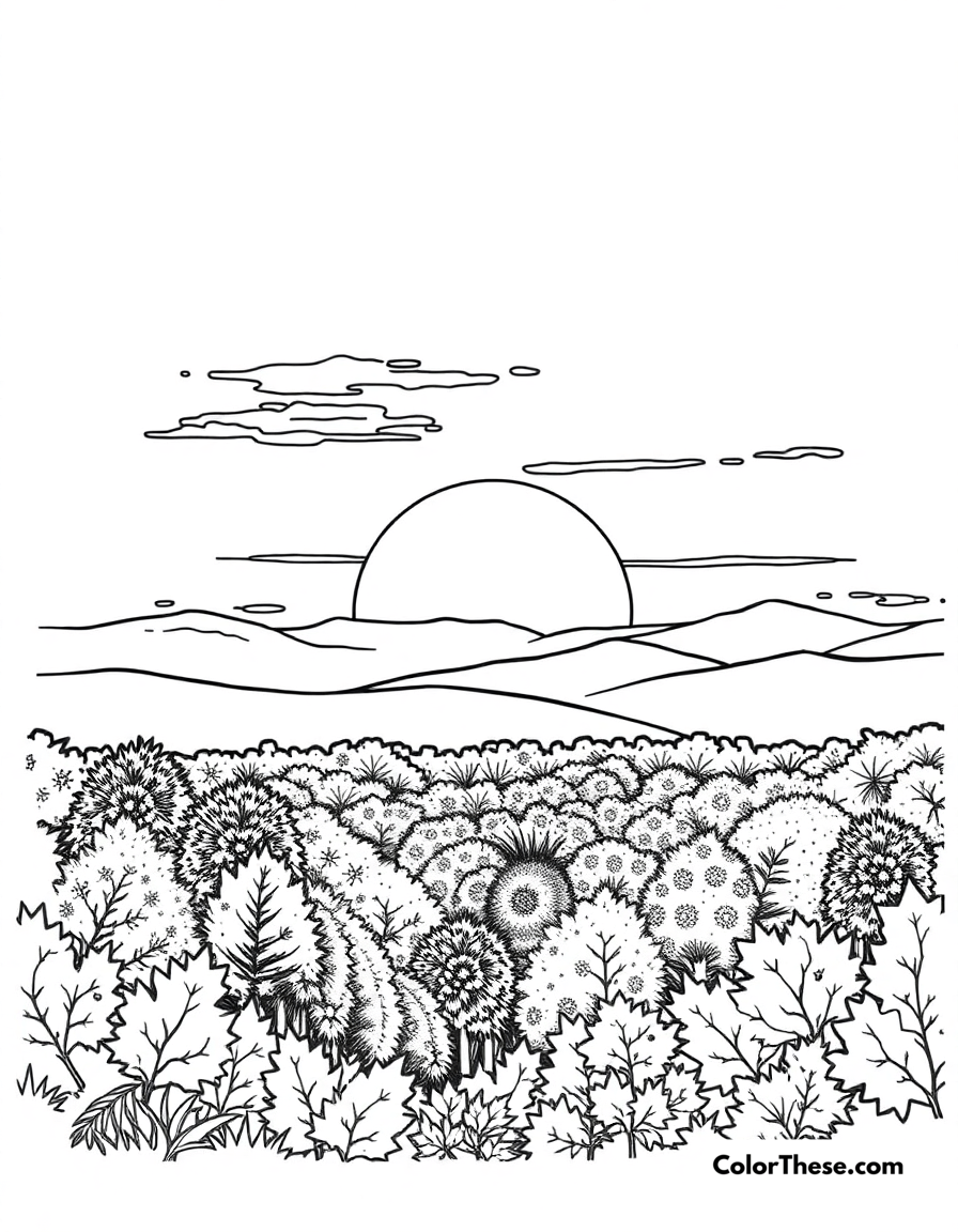 Free printable fall sunset coloring page for kids and adults - A a stunning sunset over a fall landscape.