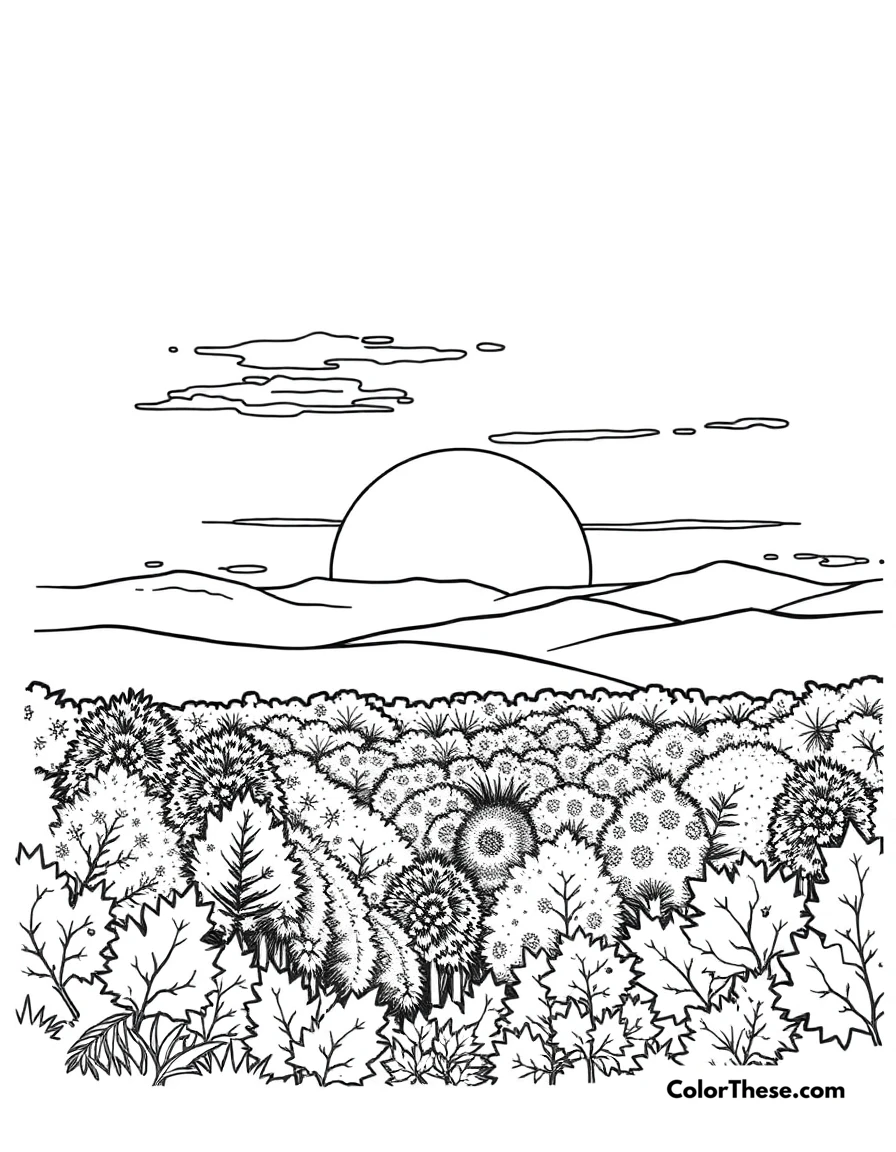 Free printable fall sunset coloring page. A stunning sunset over a fall landscape.