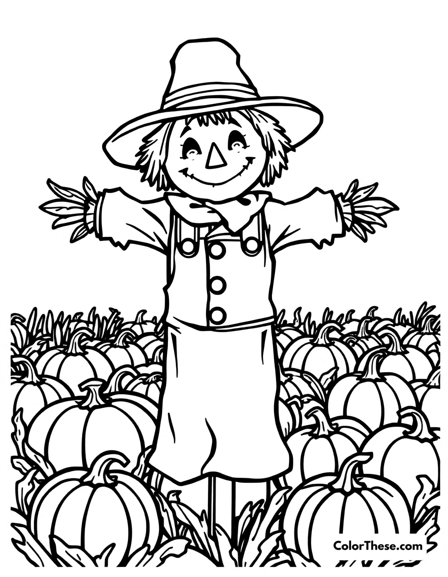 Free printable harvest scarecrow coloring page for kids and adults - A a cheerful scarecrow standing in a field of pumpkins.