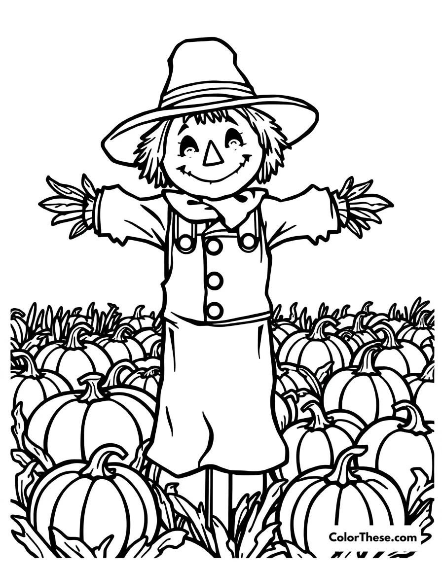 Free printable harvest scarecrow coloring page. A cheerful scarecrow standing in a field of pumpkins.