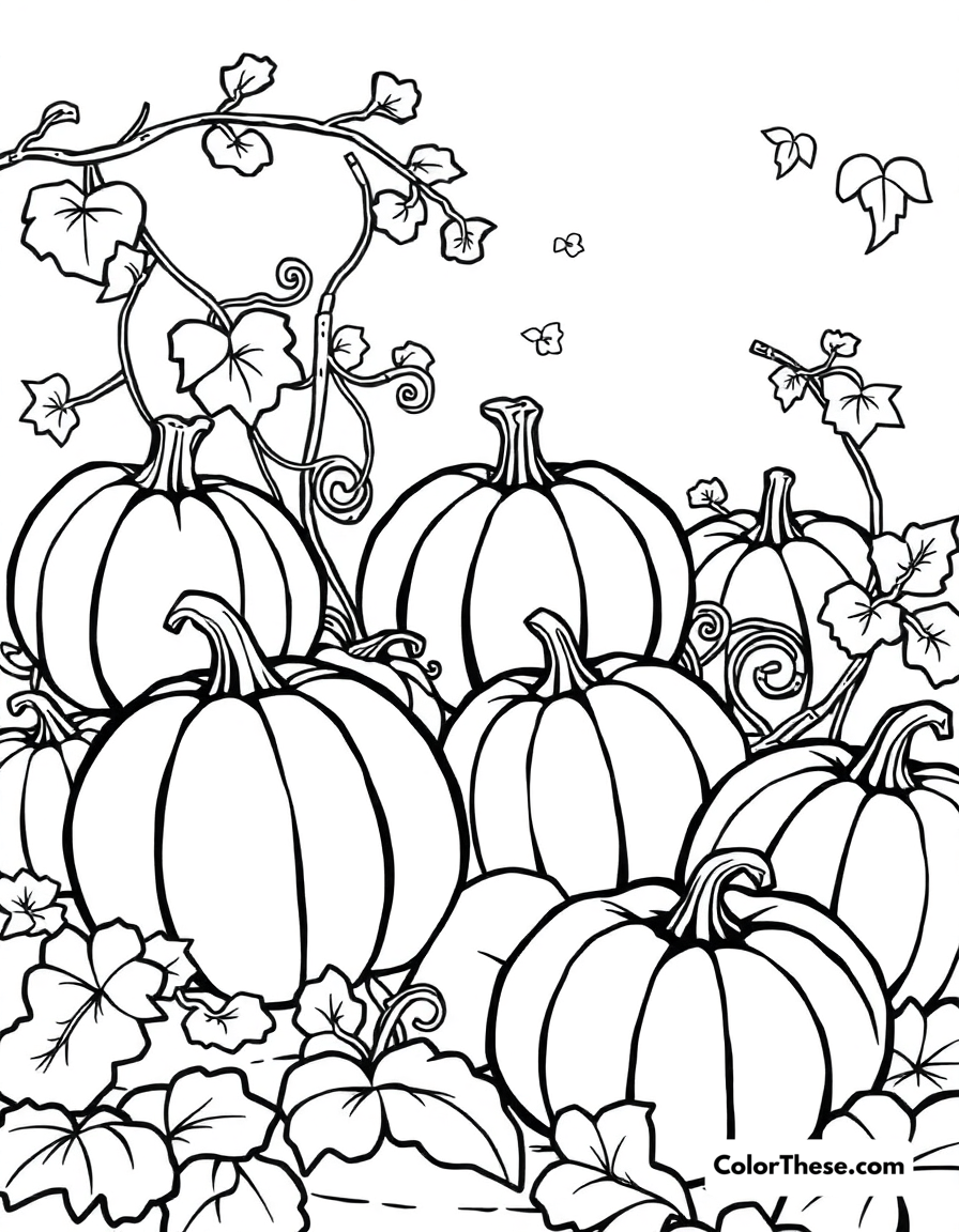 Free printable pumpkin patch fun coloring page for kids and adults - A a cheerful pumpkin patch with ripe pumpkins and vines.