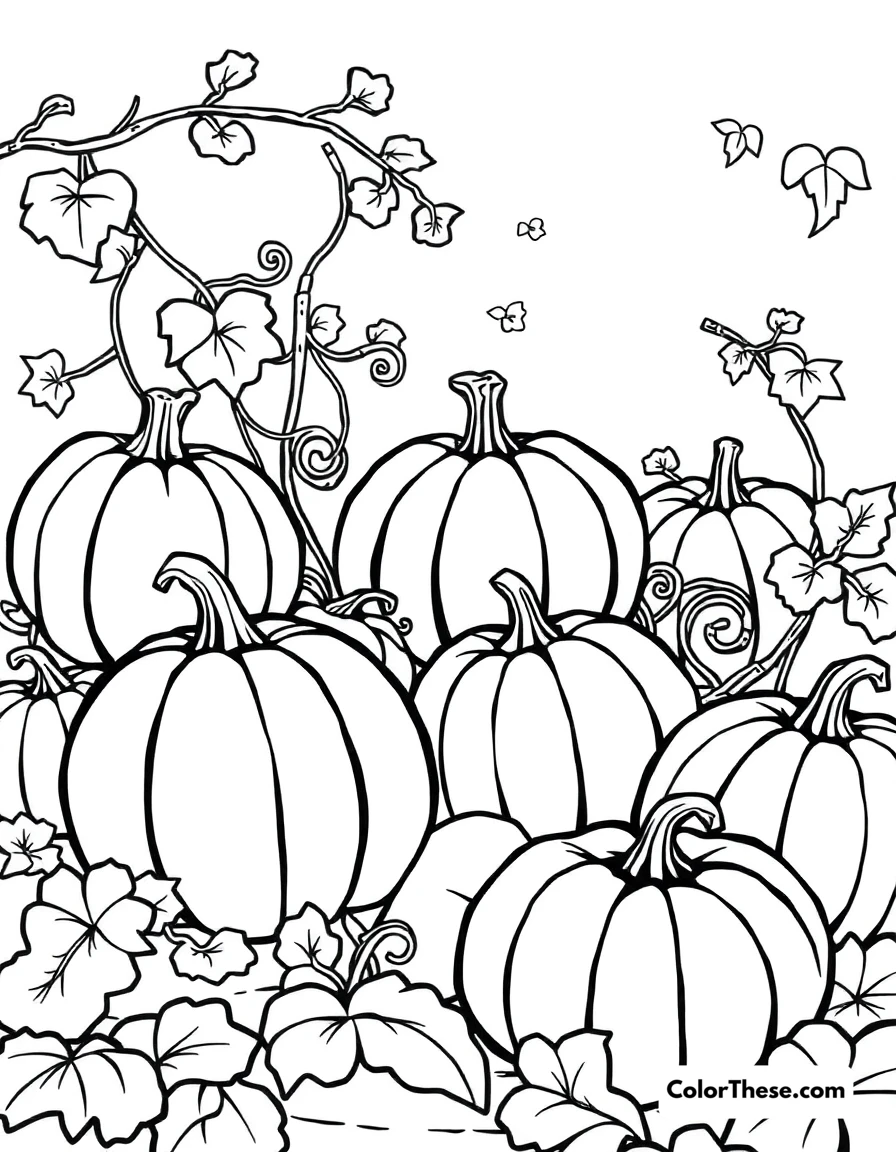 Free printable pumpkin patch fun coloring page. A cheerful pumpkin patch with ripe pumpkins and vines.