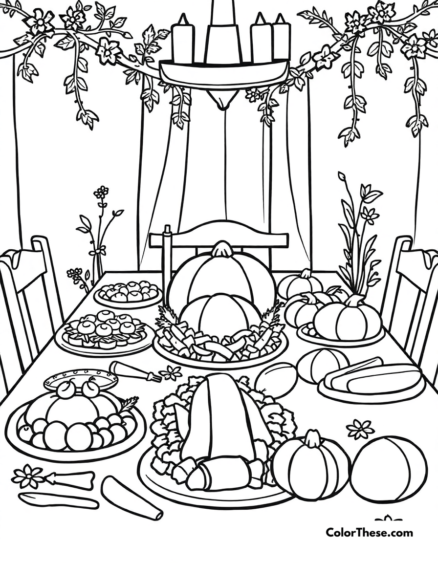 Free printable thanksgiving feast coloring page for kids and adults - A a table filled with a delicious thanksgiving meal.