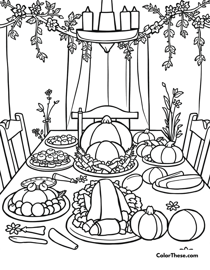 Free printable thanksgiving feast coloring page. A table filled with a delicious Thanksgiving meal.