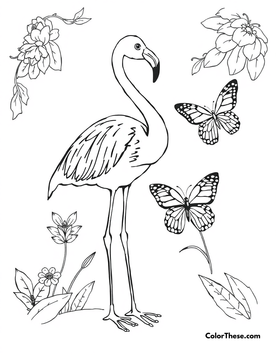 Free printable flamingo with a butterfly coloring page for kids and adults - A a flamingo standing near a colorful butterfly.