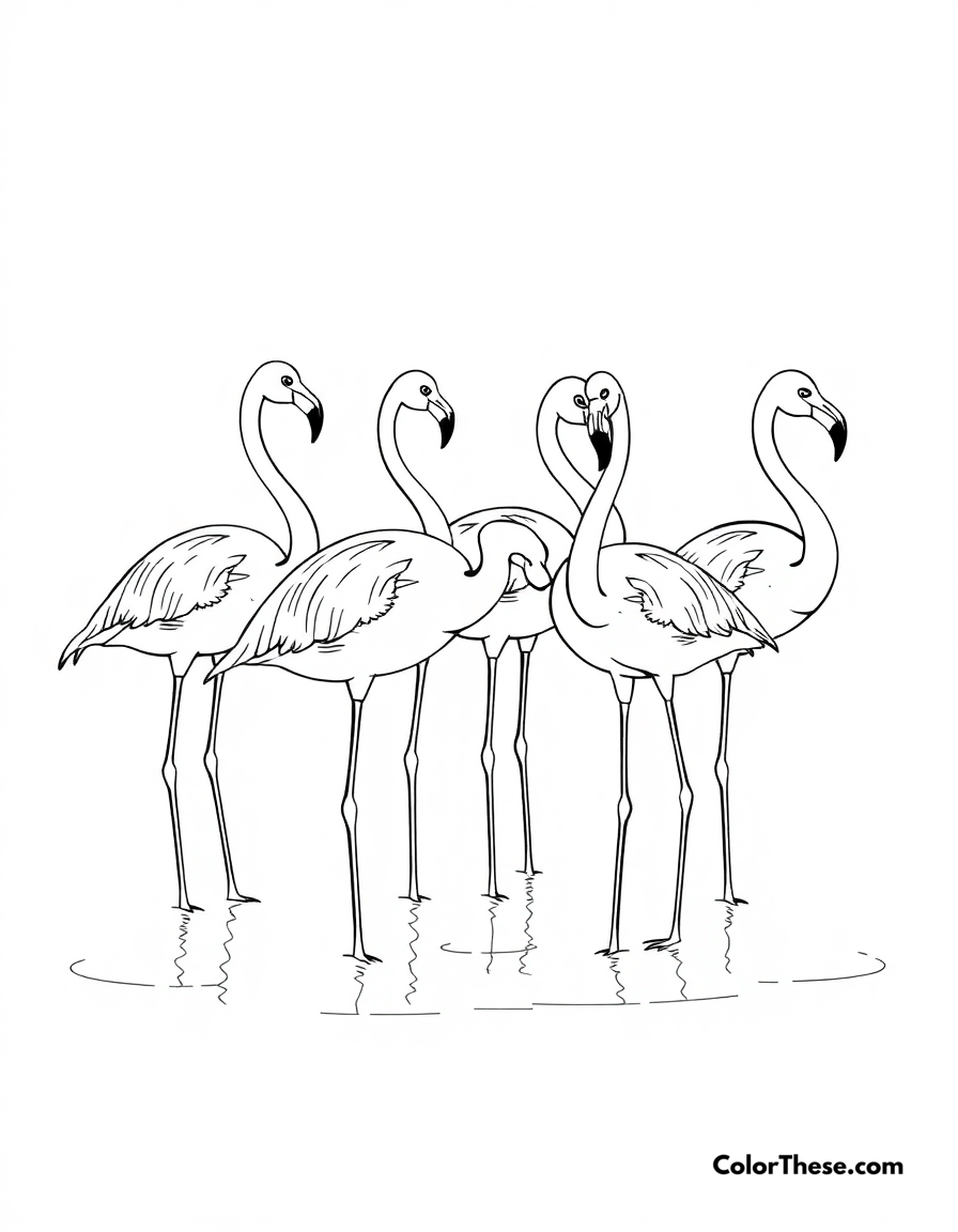 Free printable flamingo family in the water coloring page for kids and adults - A a group of flamingos standing together in shallow water.