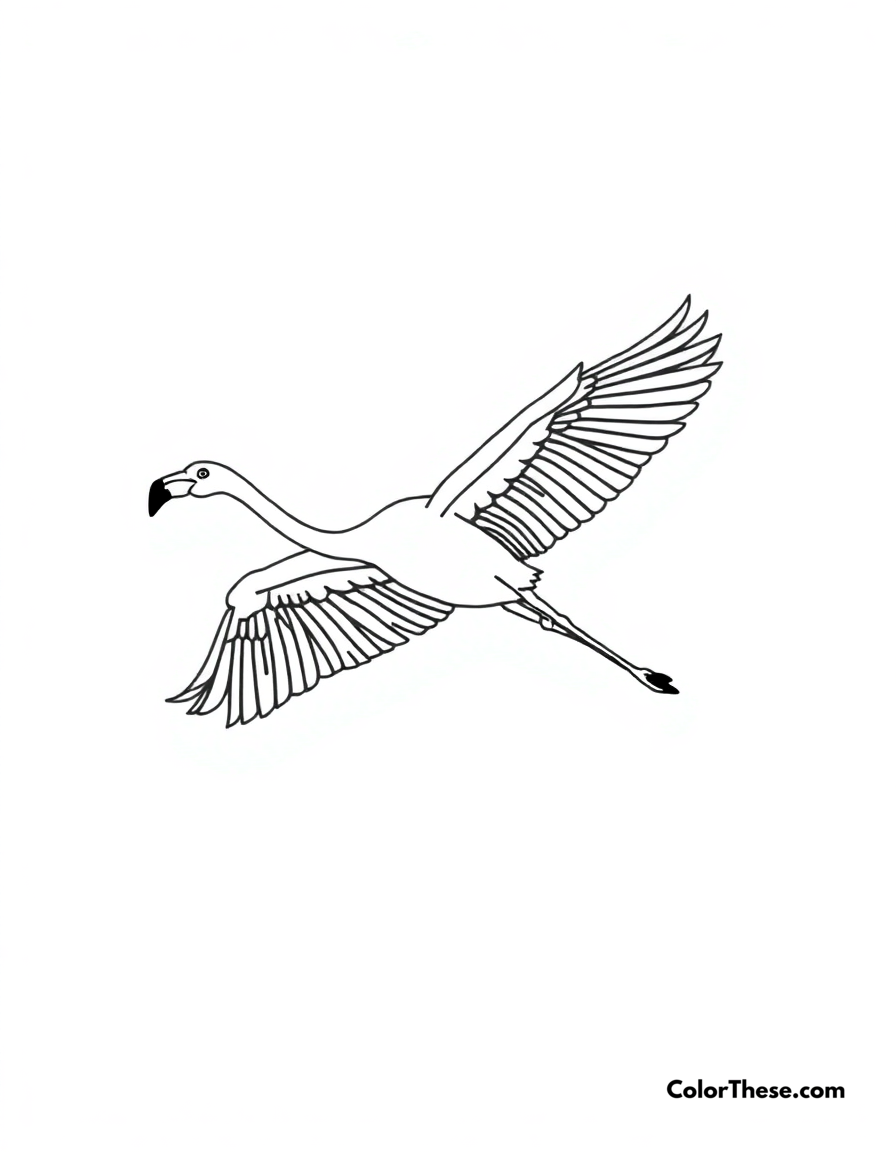 Free printable flamingo in flight coloring page for kids and adults - A a flamingo soaring through the sky with its wings spread wide.