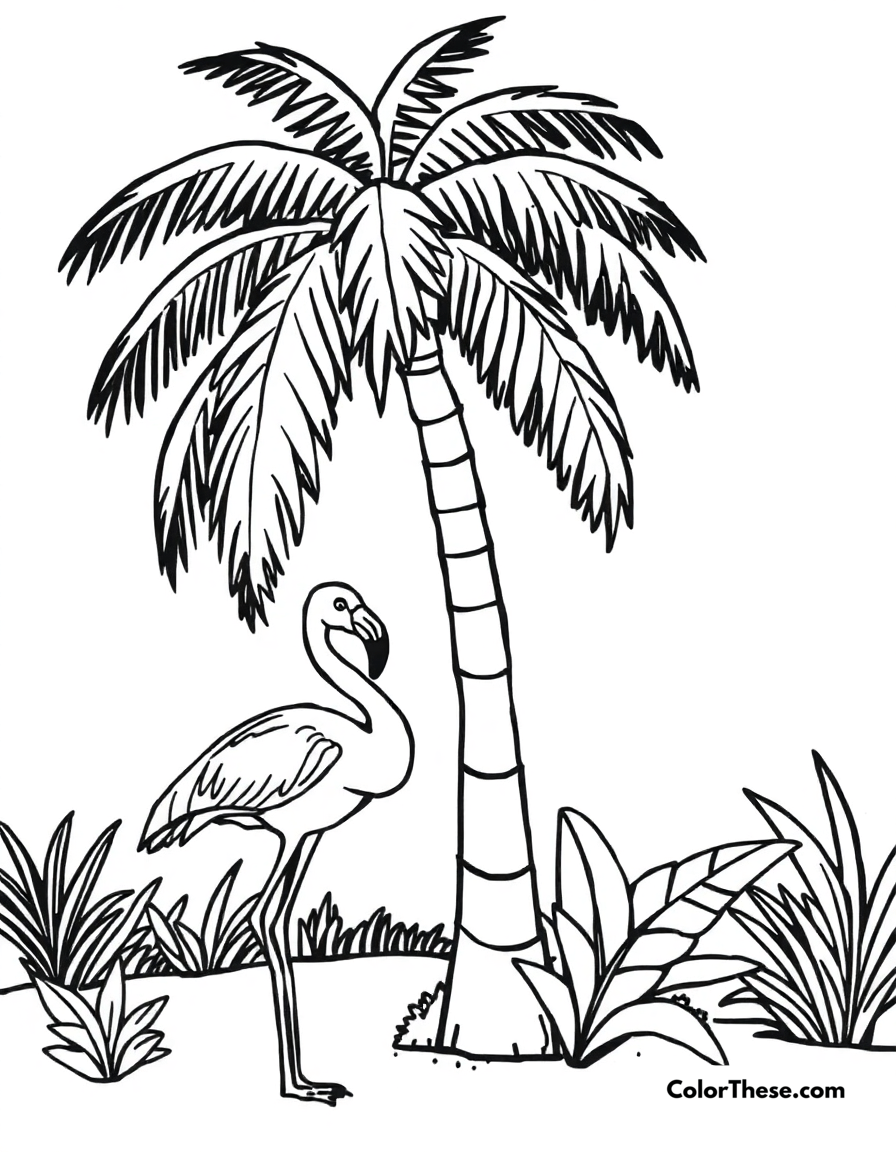 Free printable flamingo with a palm tree coloring page for kids and adults - A a flamingo standing near a tall palm tree.