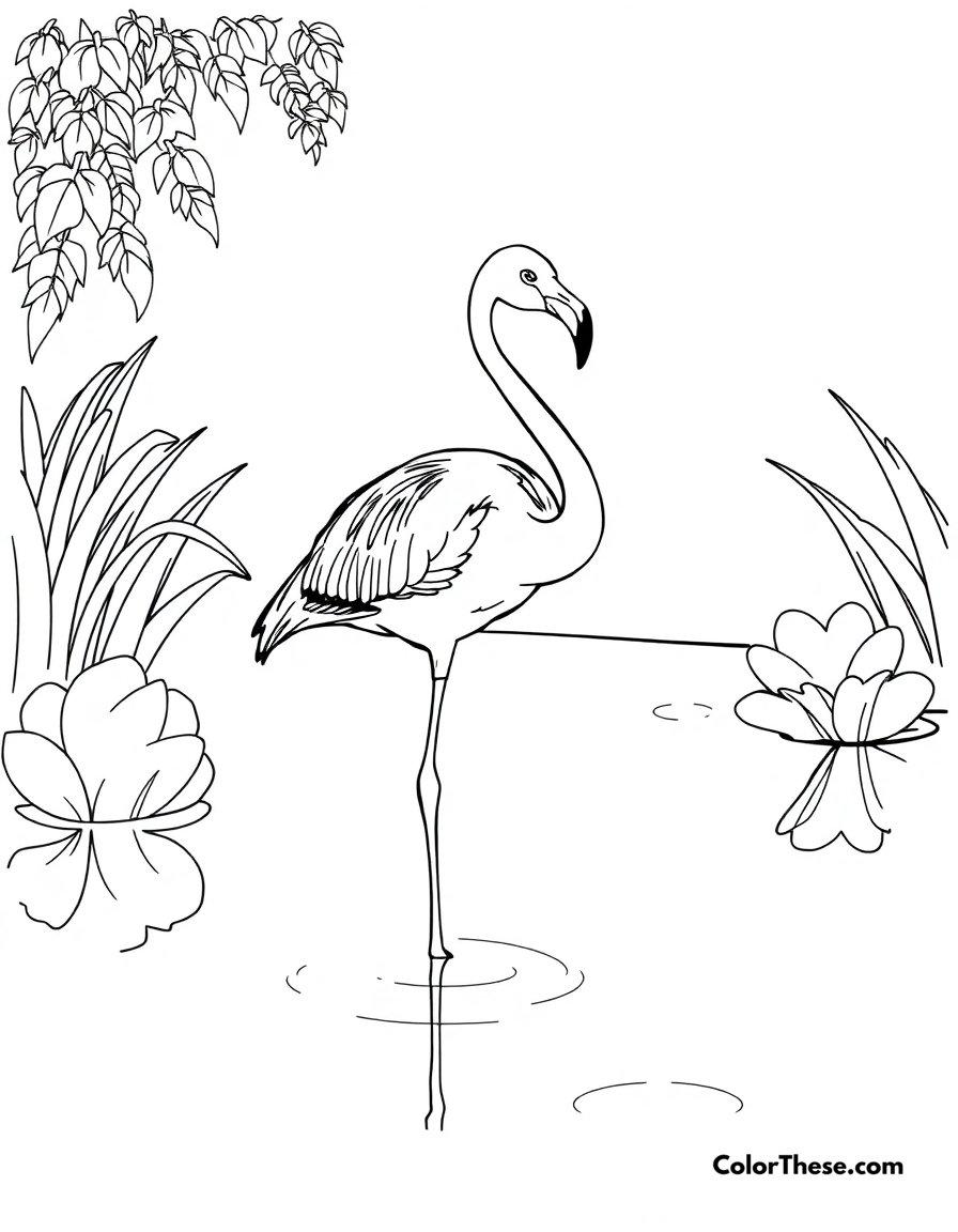 Free printable flamingo in a pond coloring page for kids and adults - A a flamingo standing in a serene pond.