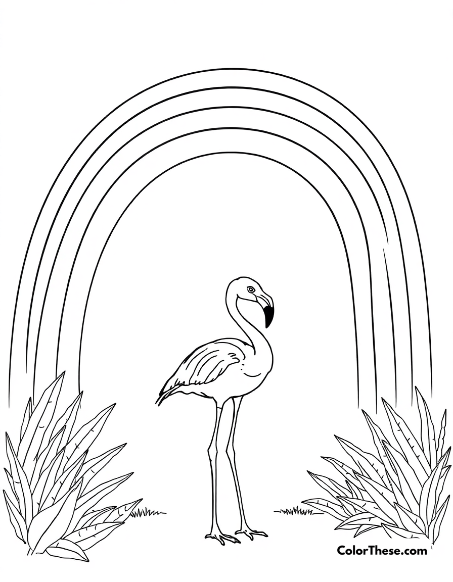 Free printable flamingo with a rainbow coloring page for kids and adults - A a flamingo standing under a vibrant rainbow.