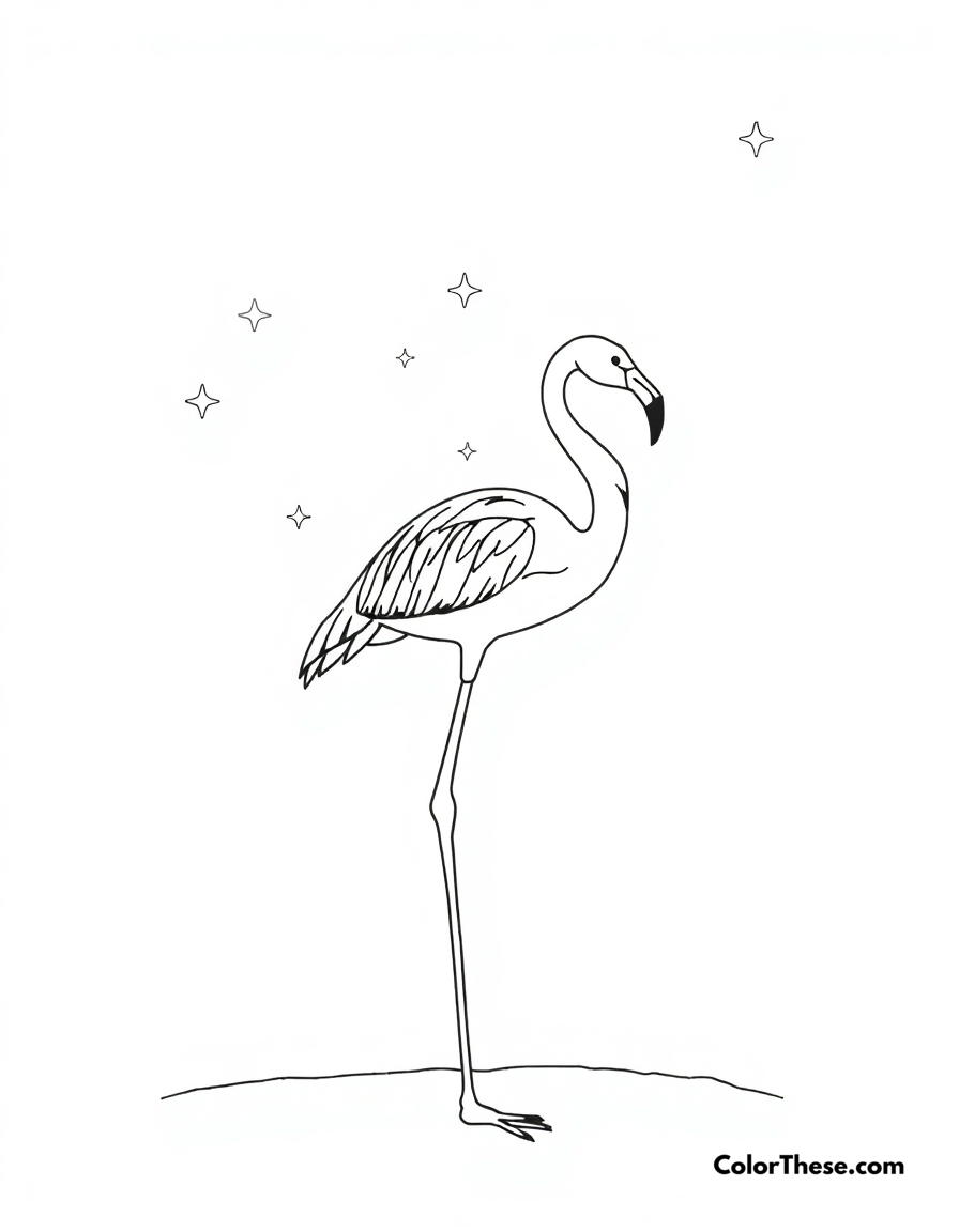 Free printable flamingo with a starry sky coloring page for kids and adults - A a flamingo standing under a starry night sky.