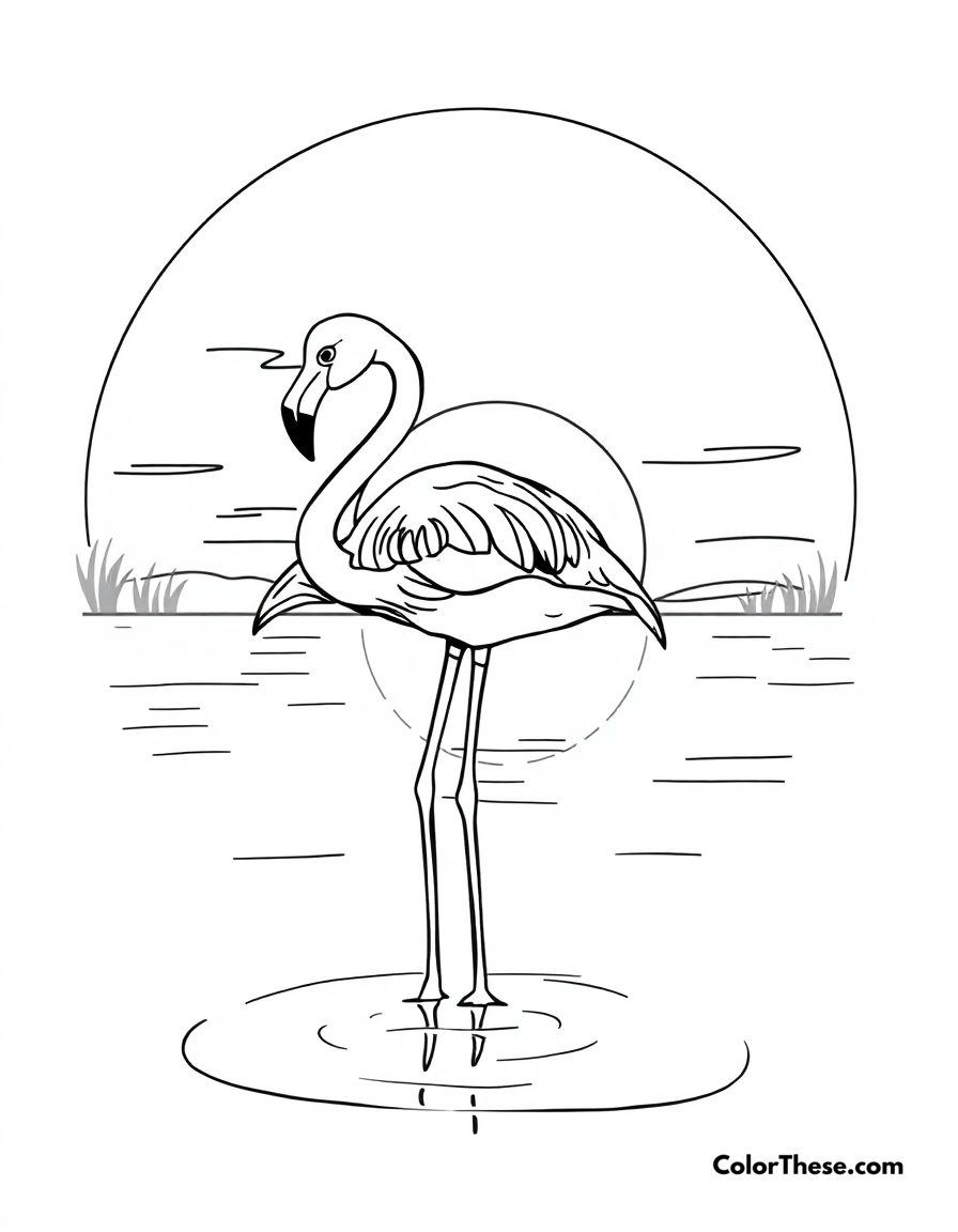 Free printable flamingo with a sunset reflection coloring page for kids and adults - A a flamingo standing in water with a sunset reflection.