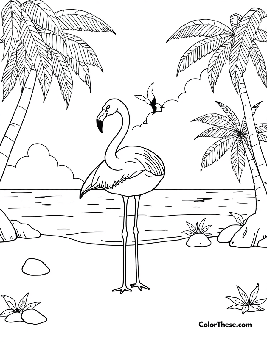 Free printable flamingo with a tropical beach coloring page for kids and adults - A a flamingo standing on a sandy tropical beach.