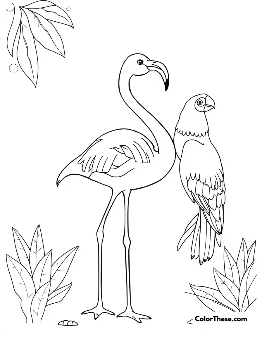 Free printable flamingo with a tropical bird coloring page for kids and adults - A a flamingo standing near a colorful tropical bird.