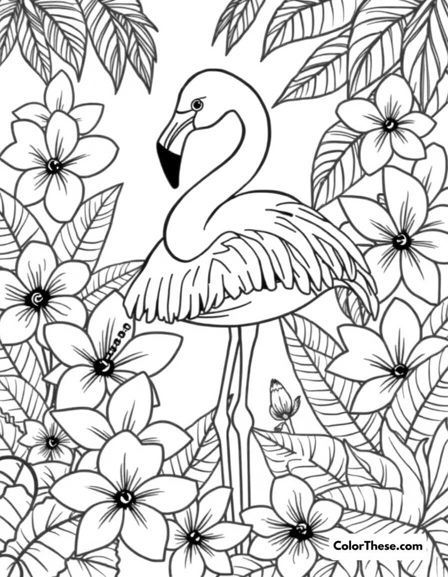 Free printable flamingo with tropical flowers coloring page for kids and adults - A a flamingo surrounded by vibrant tropical flowers.