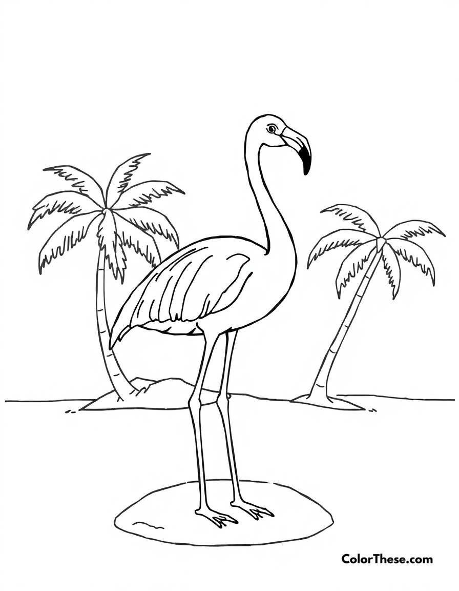 Free printable flamingo with a tropical island coloring page for kids and adults - A a flamingo standing on a tropical island with palm trees.