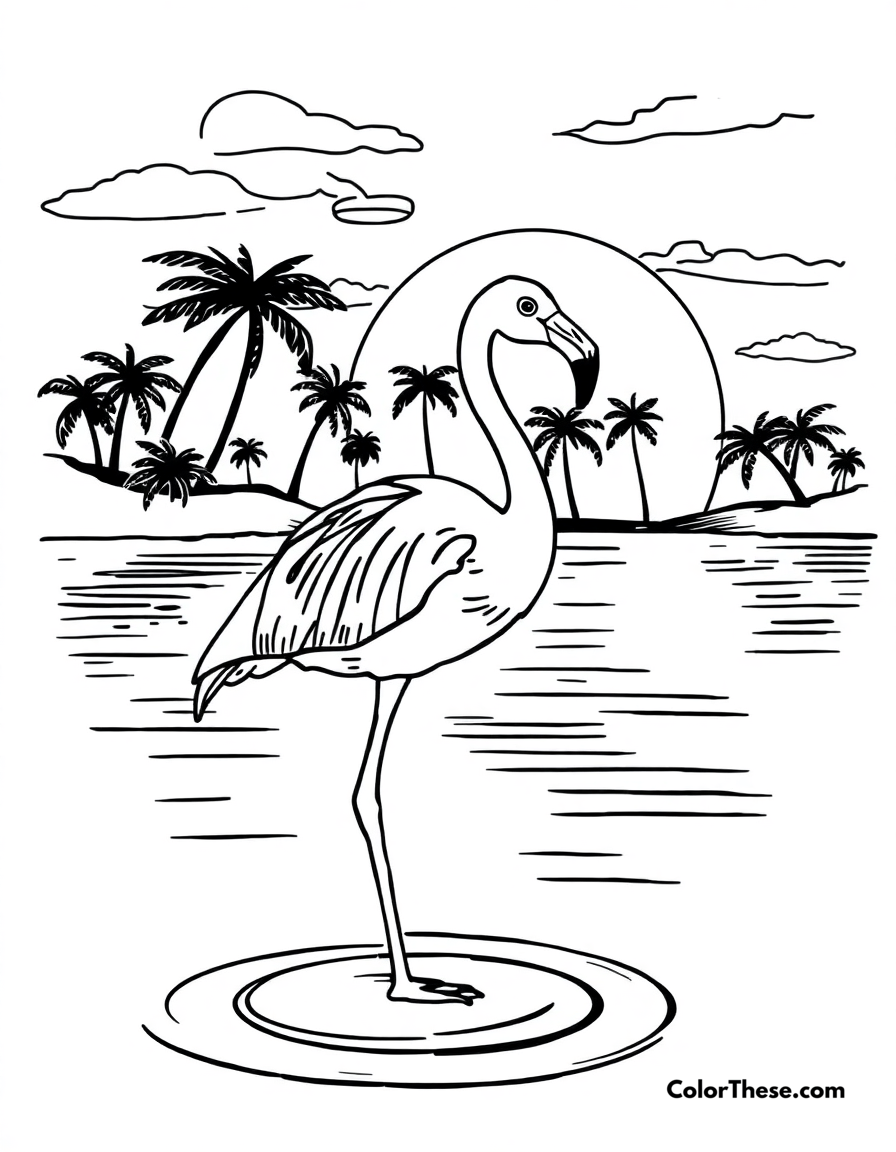 Free printable flamingo in a tropical sunset coloring page for kids and adults - A a flamingo standing in water with a tropical sunset in the background.