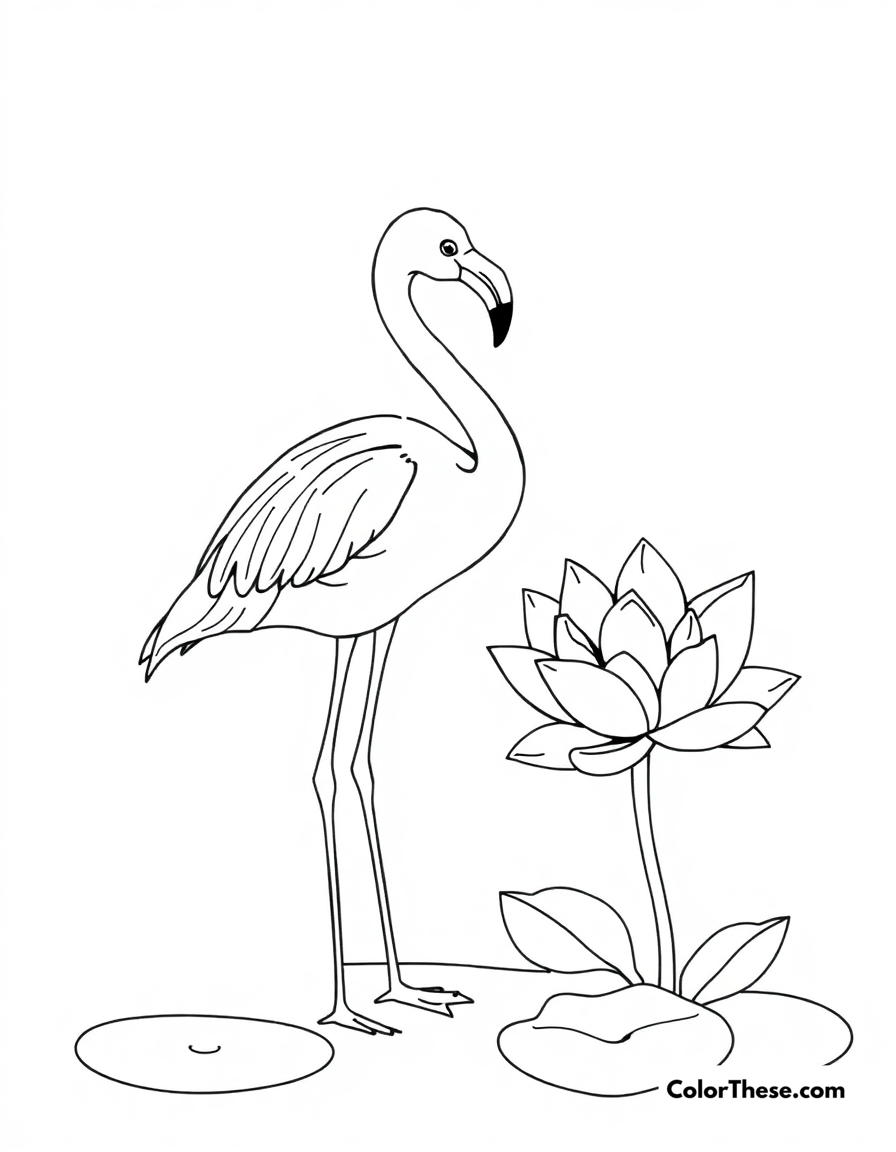 Free printable flamingo with a water lily coloring page for kids and adults - A a flamingo standing near a blooming water lily.