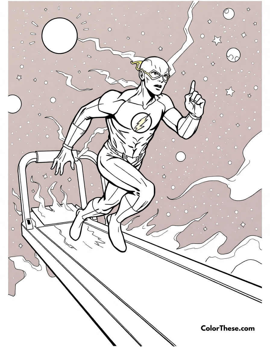 Free printable flash (dc comics) and the cosmic treadmill coloring page for kids and adults - A the flash (dc comics) running on the cosmic treadmill.