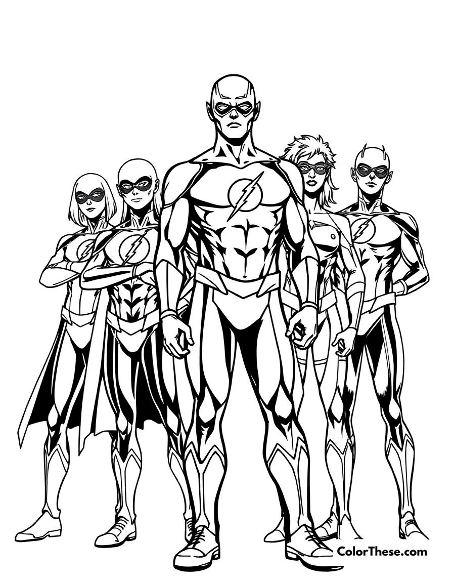 Free printable flash (dc comics) and the flash family coloring page for kids and adults - A the flash (dc comics) standing with the flash family.