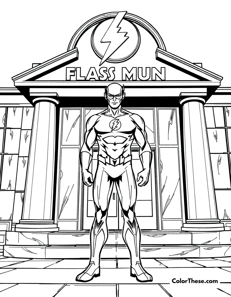 Free printable flash (dc comics) and the flash museum coloring page for kids and adults - A the flash (dc comics) standing in front of the flash museum.