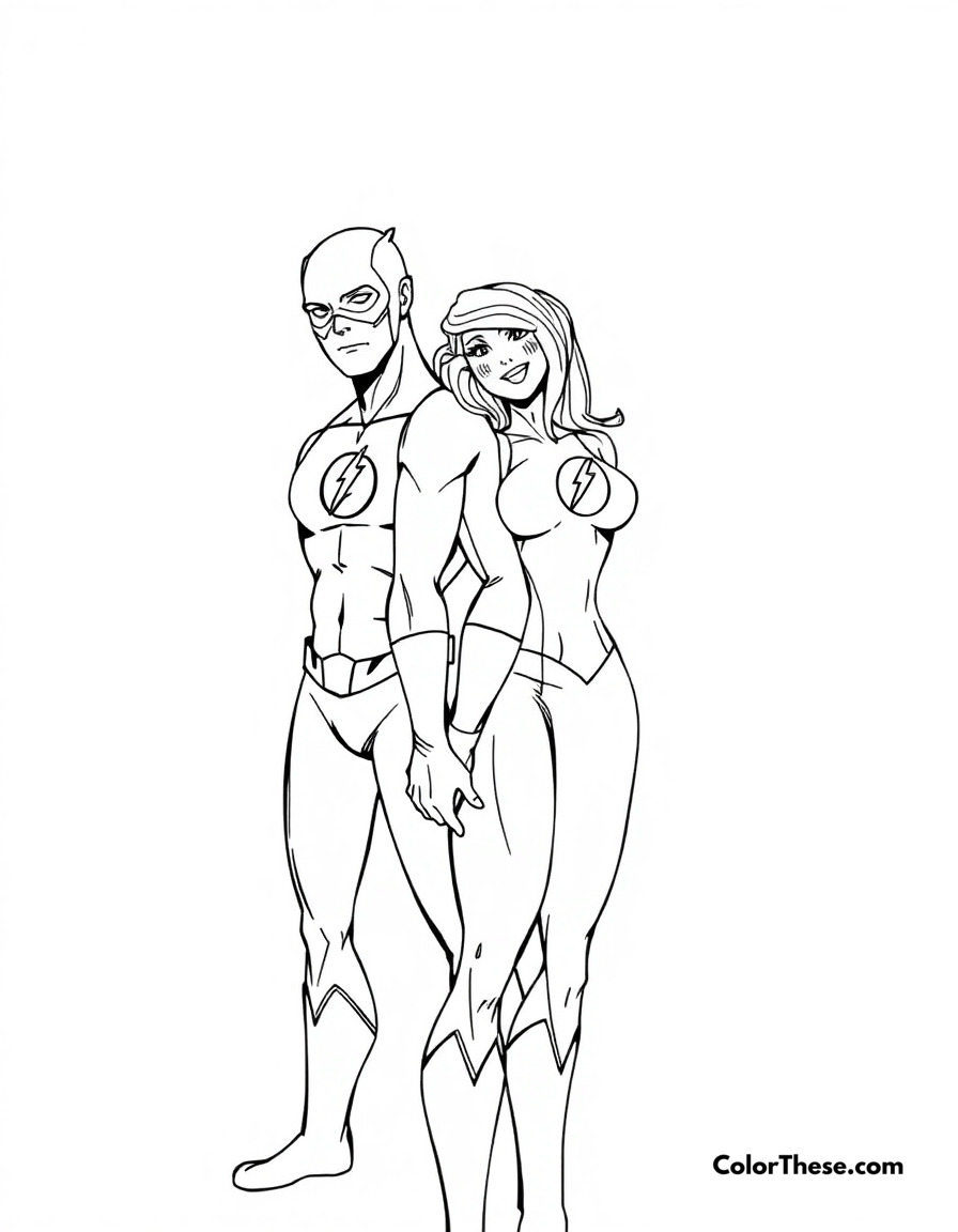 Free printable flash (dc comics) and iris west coloring page for kids and adults - A the flash (dc comics) standing with his love, iris west.